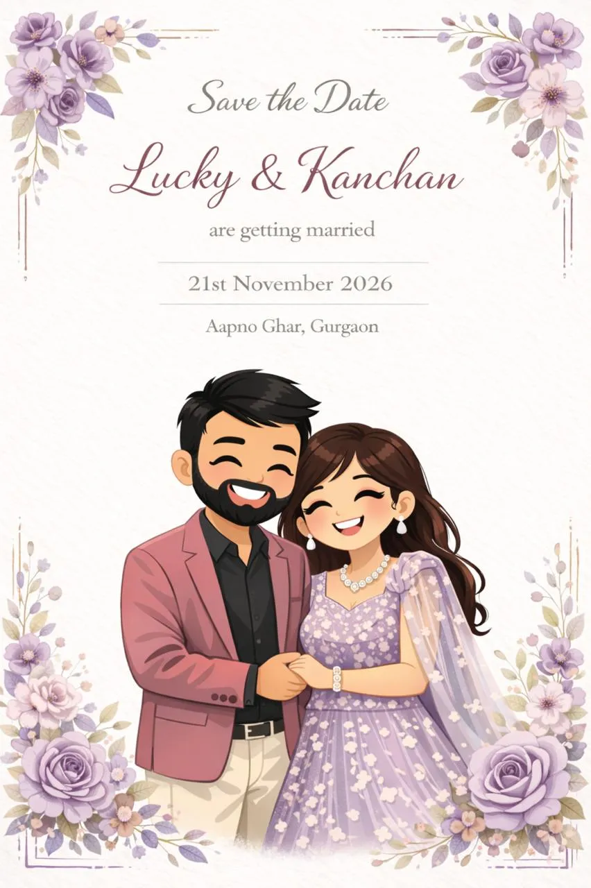 Our illustrated save-the-date: the two of us, 21 November 2026, Aapno Ghar, Gurgaon