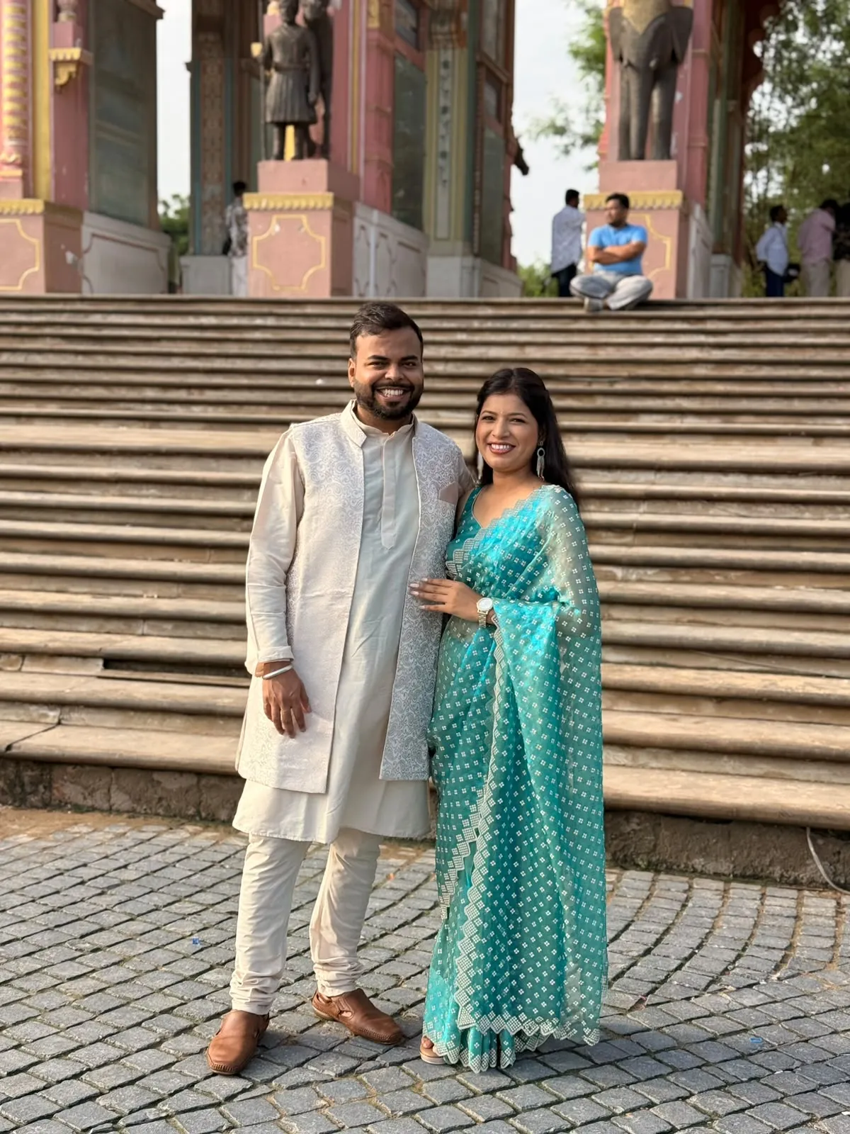 The two of us on the steps at Patrika Gate, Jaipur